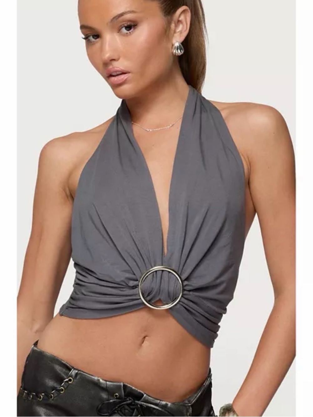 Edikted Nessie Metal Ring Backless Halter Top, Size small